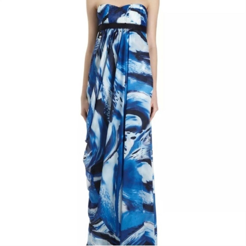 BCBGMaxAzria Blue White Strapless Printed Maxi Dress